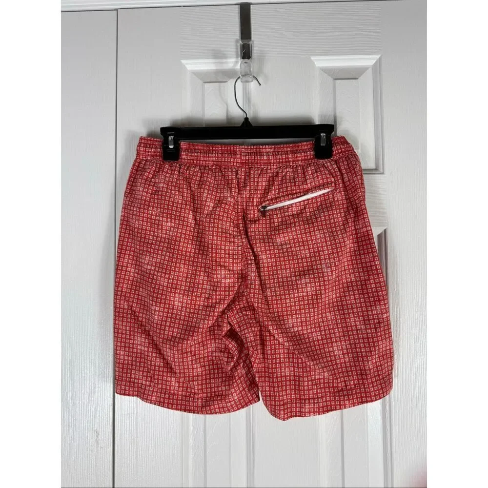 Onia Mens Red Geometrix Print Swim Trunks Charles 7 inch With Back Zip Pocket Si
